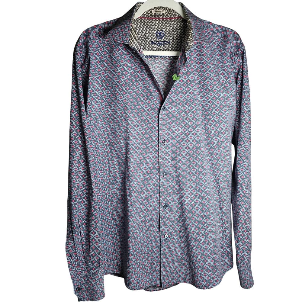 Bugatchi Mini Print Collared Button Up Blue Red C… - image 2